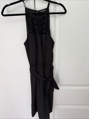 Express Black Beaded Mini Dress with Waist Tie